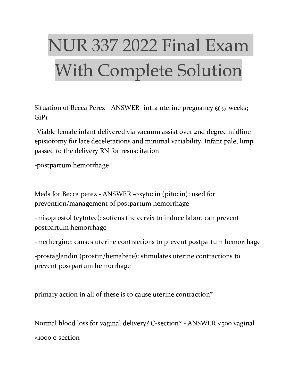 Preview image for NUR 337 2022 Final Exam With Complete Solution